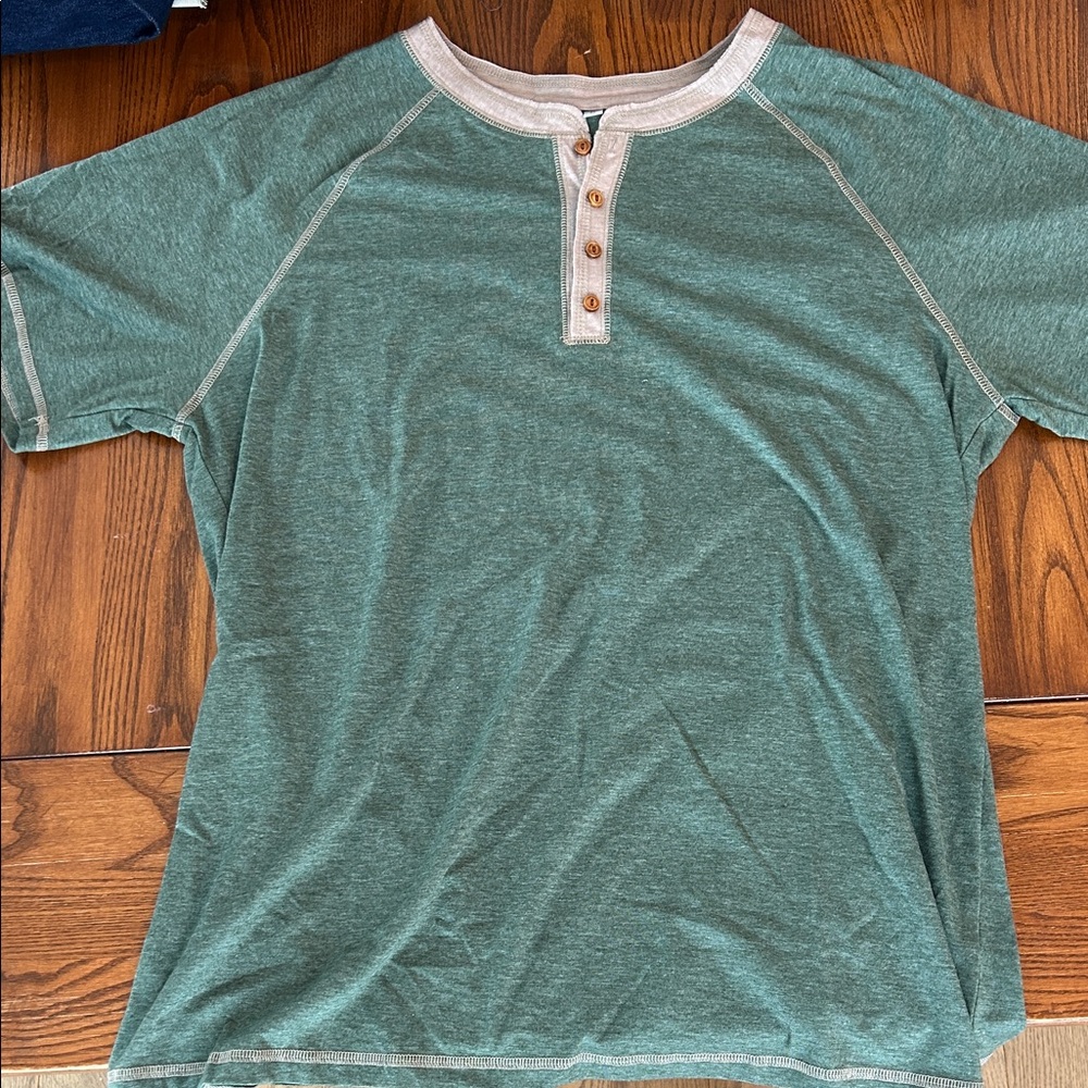 Green Henley T-Shirt with Beige Accents